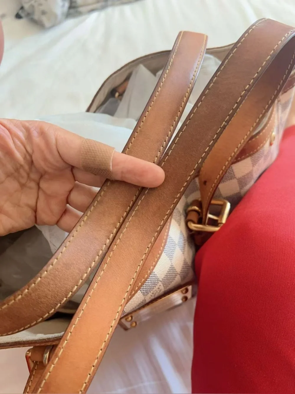 LOUIS VUITTON Damier Azur Hampstead MM Bag  Tote Bag with Tan Trim - Beige/White